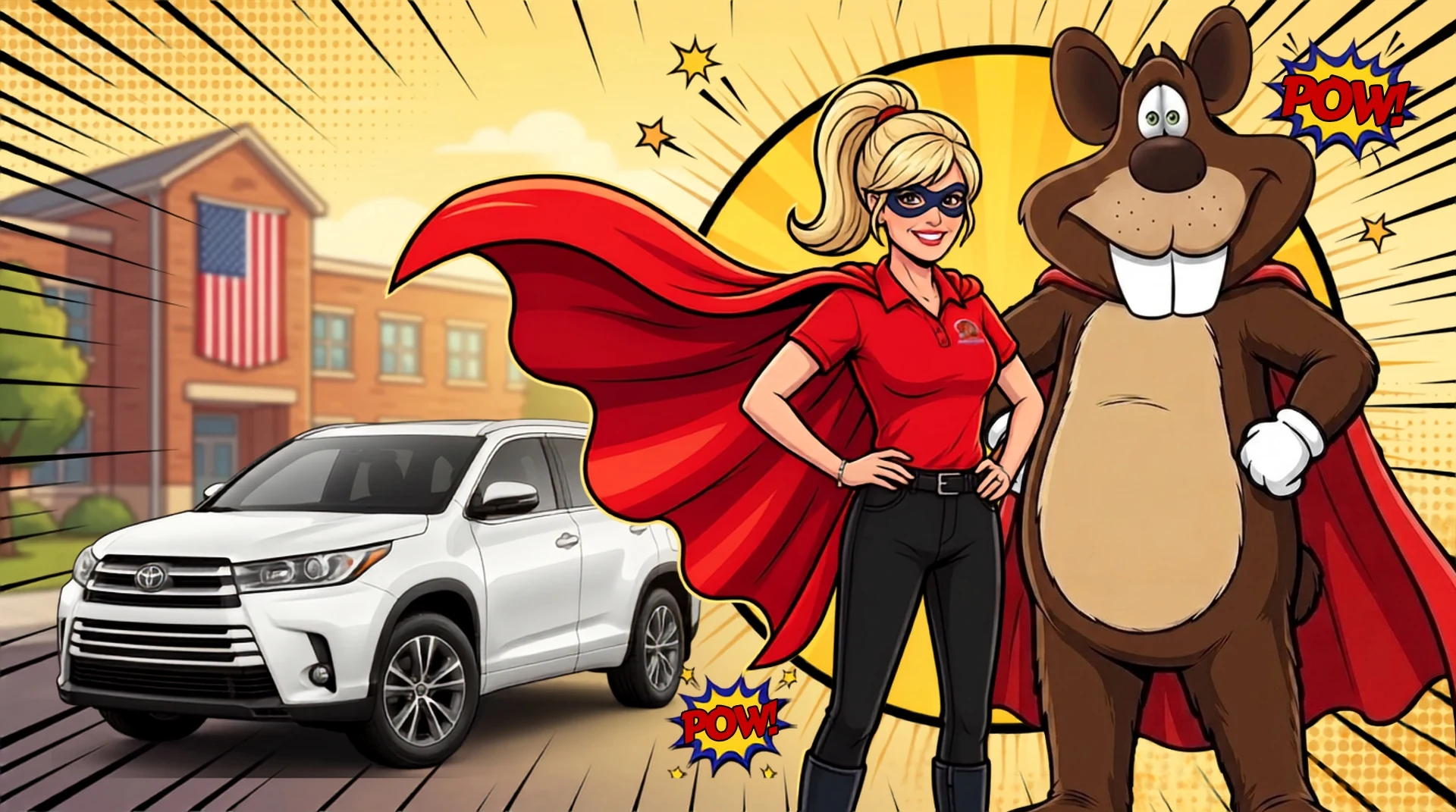 Mrs. Linda Beaver and Bucky Beaver as superheroes in front of a white Toyota Highlander
