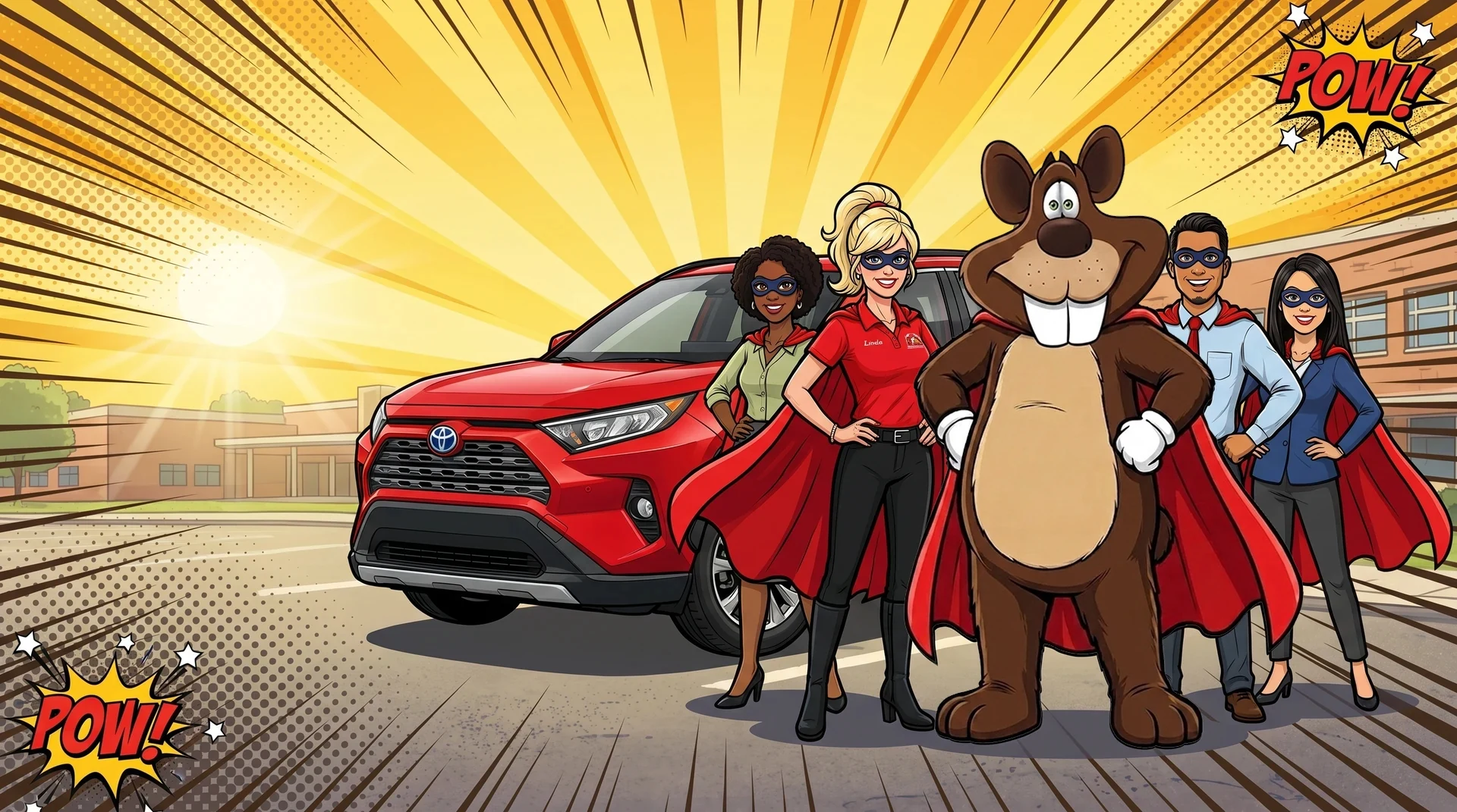 Mrs. Linda Beaver, Bucky Beaver mascot, and Forsyth County teachers as superheroes in front of a red Toyota RAV4